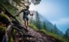Coureur de trail progressant sur un sentier forestier en forte pente