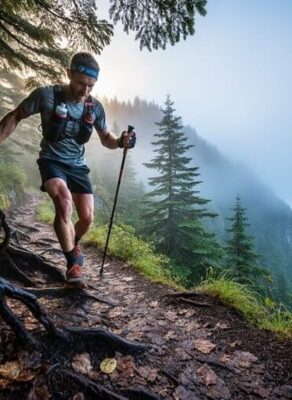 Coureur de trail progressant sur un sentier forestier en forte pente