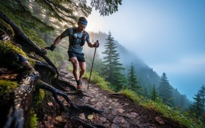 Coureur de trail progressant sur un sentier forestier en forte pente