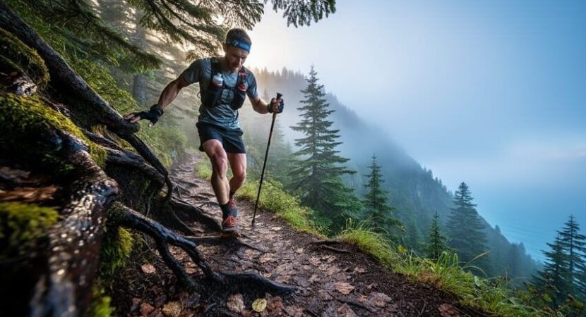 Coureur de trail progressant sur un sentier forestier en forte pente