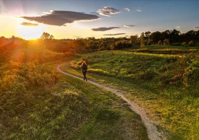 Coureur solitaire sur un sentier herbeux au coucher du soleil